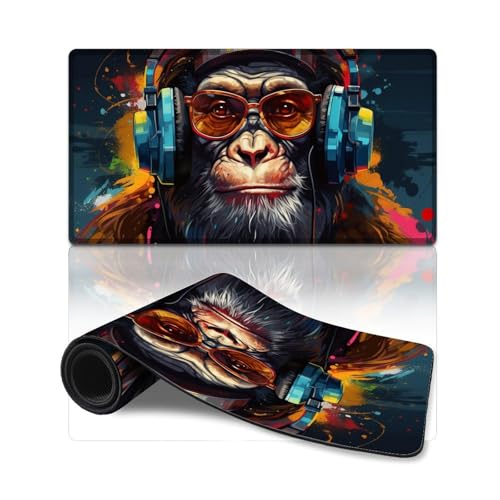 ZKYUBEK Großes Gaming-Mauspad mit Kopfhörern, AFFE, extra großes Mauspad (40 x 75 x 0,3 cm), Schreibtischunterlage mit genähtem Rand, Computer-Schreibtischzubehör, rutschfeste Unterseite von ZKYUBEK
