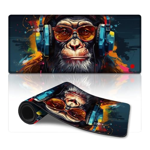 ZKYUBEK Großes Gaming-Mauspad mit Kopfhörern und Affenmotiv, genähte Kanten, Mauspad (40 x 90 x 0,3 cm), Schreibtischunterlage für stabilen Halt auf glatten Oberflächen – rutschfest von ZKYUBEK
