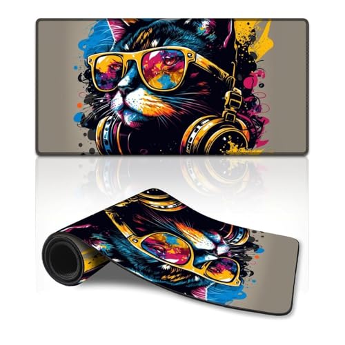 ZKYUBEK Großes Mauspad, Katze mit Kopfhörern, erweitertes L-Mauspad (30 x 60 x 0,3 cm), Schreibtischunterlage mit Rutschfester Unterseite und genähtem Rand für Gaming-Büroarbeiten von ZKYUBEK