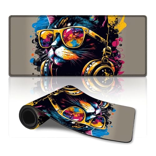 ZKYUBEK Großes Mauspad, Katze mit Kopfhörern, erweitertes Mauspad (40 x 90 x 0,3 cm), Schreibtischunterlage, rutschfeste Gummiunterseite für MacBook, PC, Laptop, Büro von ZKYUBEK