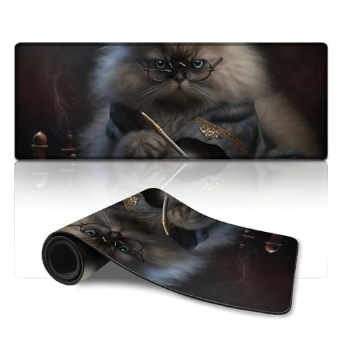 ZKYUBEK Mauspad, Katze spielt Schach, erweitertes Mauspad (30 x 80 x 0,3 cm), Schreibtischunterlage mit genähtem Rand, Computer-Schreibtischzubehör, rutschfeste Unterseite von ZKYUBEK