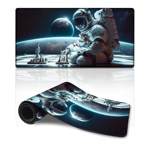 ZKYUBEK Mauspad Astronauten Spielen Schach, genähte Kanten, Mauspad (30 x 60 x 0,3 cm), Tastaturpad für Tastatur, Computer, PC, Gamer, Schreibtisch, Büro von ZKYUBEK