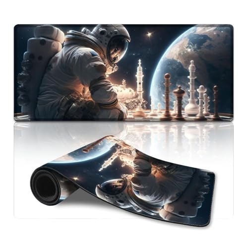 ZKYUBEK Mauspad Astronauten Spielen Schach, genähte Kanten, Mauspad (40 x 90 x 0,3 cm), Tastaturpad für Tastatur, Computer, PC, Gamer, Schreibtisch, Büro von ZKYUBEK