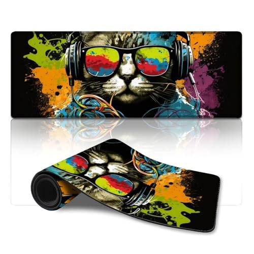 ZKYUBEK Mauspad Katze mit Kopfhörern, XL-Mauspad (30 x 80 x 0,3 cm), Tastatur-Schreibtischunterlage mit Rutschfester Unterseite aus Naturkautschuk für Gamer/Desktop/Büro/Zuhause von ZKYUBEK