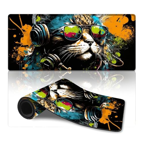 ZKYUBEK Mauspad Katze mit Kopfhörern, XXXL-Mauspad (40 x 90 x 0,3 cm), Tastatur-Schreibtischunterlage mit Rutschfester Unterseite aus Naturkautschuk für Gamer/Desktop/Büro/Zuhause von ZKYUBEK