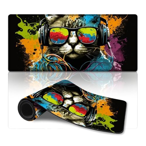 ZKYUBEK Mauspad Katze mit Kopfhörern, lang, XXXL, Mauspads (40 x 90 x 0,3 cm), Tastatur-Schreibtischunterlage für Computer, Laptop, Büro, Schreibtischzubehör von ZKYUBEK