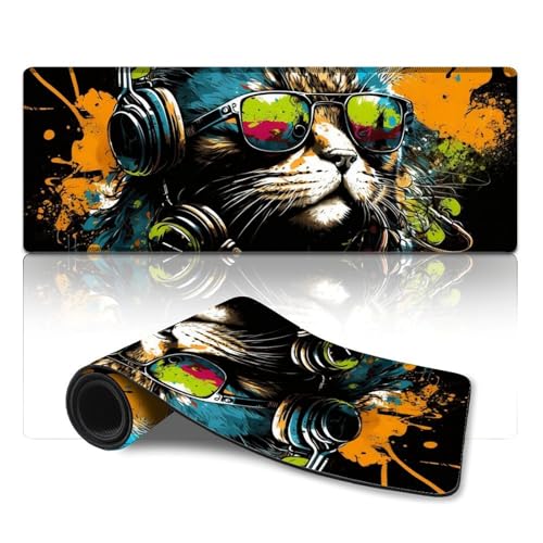 ZKYUBEK Mauspad mit Katze und Kopfhörern, genähte Kanten, Mauspad (30 x 80 x 0,3 cm), Tastatur-Schreibtischunterlage mit Rutschfester Unterseite und genähter Kante für Gaming-Büroarbeiten von ZKYUBEK
