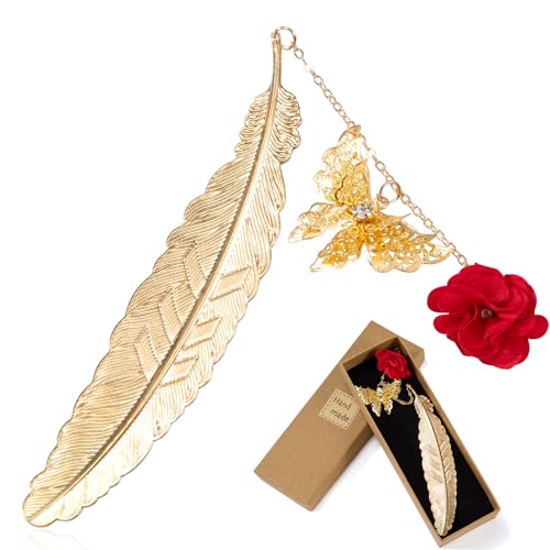 Lesezeichen Feder Metall Mit Schmetterling Rosen Anhänger Personalisierte Lesezeichen Weihnachts für Lehrer Freunde Kollegen Geschenkbox Geschenk (rot) von ZLLkeji