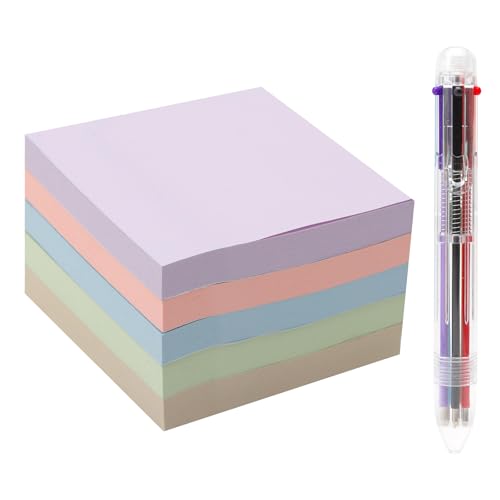 ZMDMAH 5 Packung Farbige Haftnotizen Selbstklebende Klebezettel 76 x 76 mm, Haftnotizzettel Bunte Quadratische Sticky Notes für Büro Zuhause Schule Sitzung 100 Blätter/Block+ Kugelschreiber mit sechs von ZMDMAH