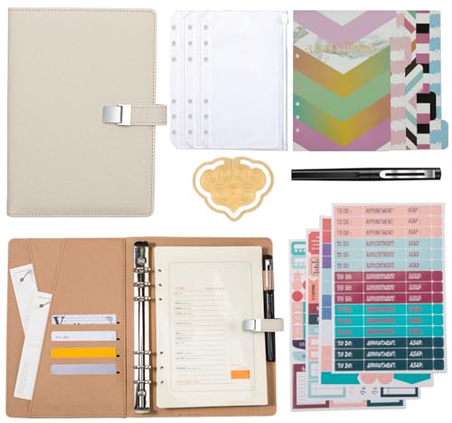A5-Notizbuch-Set – 6-Ring-PU-Leder-Planer, 5 x Akten-Trennblätter, 100 Blatt A5-Papier, Etikettenaufkleber, Wolken-Lesezeichen und transparente Geldumschläge, persönlicher Organizer (Anfänger) von ZMHQLPDZ