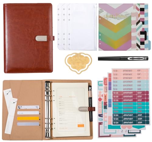 ZMHQLPDZ A5-Notizbuch-Set – 6-Ring-PU-Leder-Planer, 5 x Akten-Trennblätter, 100 Blatt A5-Papier, Etikettenaufkleber, Wolken-Lesezeichen und transparente Geldumschläge, persönlicher Organizer (braun) von ZMHQLPDZ