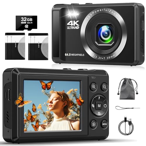 Digitalkamera, 4K 64MP Kompaktkamera Fotokamera mit 32GB Karte 16X Digitalzoom 2,4" großem Bildschirm Fotoapparat Digitalkamera für Kinder Einsteiger Teenager (Schwarz) von ZMOQNG