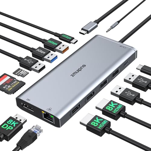USB C Docking Station 8K HDMI Displayport,10Gbps 14 IN 1 DockingStation Laptop 2 Monitore Triple Display,USB C Hub Mit Dual HMDI,Displayport,USB 3.1&3.0,100W PD,USB C Data,Ethernet,SD/TF,Audio/Mic von ZMUIPNG