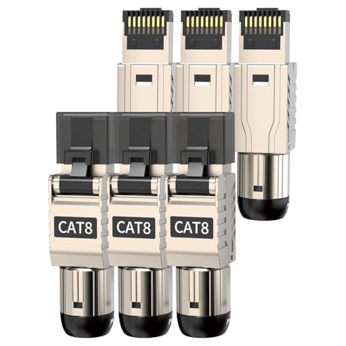 ZOERAX 6er-Pack CAT8 RJ45-Stecker (40G/2000MHz) – Werkzeuglose Steckverbinder, doppelt geschirmt für 22-24AWG abgeschirmte LAN-Kabel – Kompatibel mit Cat6A/Cat7 – PoE+ & EMI-Schutz von ZOERAX