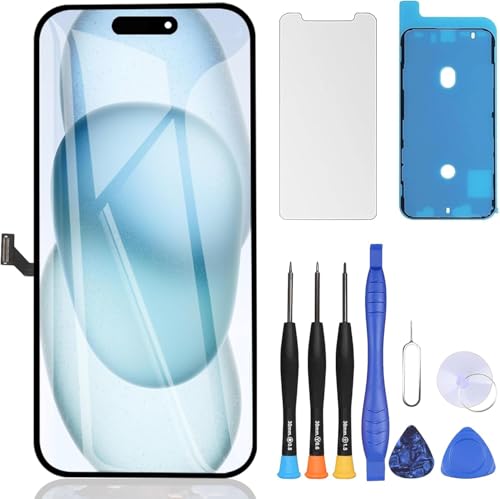 ZOETEC Bildschirm-Ersatz für iPhone 15 LCD 6,1 Zoll Full HD Retina Display COF Touchscreen Digitizer Rahmen Montage mit Reparaturwerkzeug-Kits, wasserdichter Klebstoff, gehärtetes Glas von ZOETEC