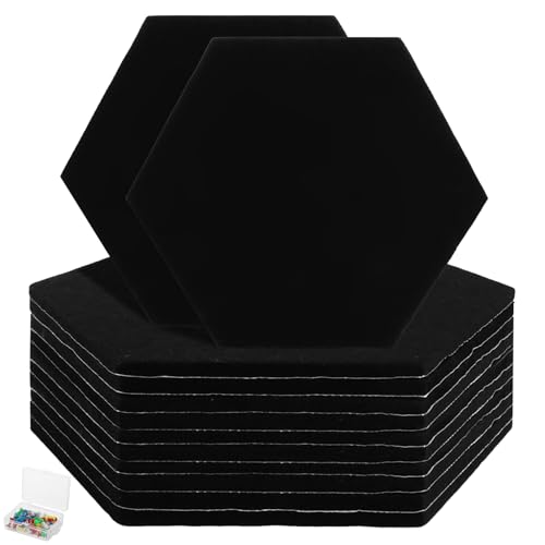 ZOFUN 12 Stück Filz Sechseckige Pinnwand Schwarz, 26 x 30CM Aktualisierung Groß Filz Pinnwand Selbstklebend mit 70 Stück Pushpins, Bulletin Tafeln Heimdekoration Wanddeko für Notizen Büro Grau von ZOFUN