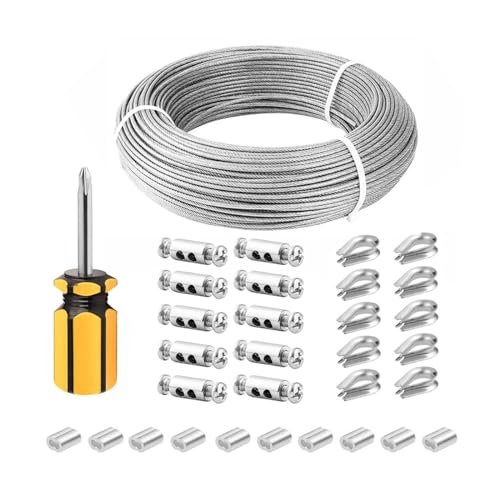 ZONADAH 3 mm 50 m 304-Edelstahl-Vinyl-beschichtetes Hängedrahtkabel-Set mit Kauschen, Crimphülsen, Drahtseilklemmen für Gartenpflanzen, Bildleuchten, hängende Wäscheleinen, Rigging-Draht ZONADAH 3 mm 50 m 304-Edelstahl-Vinyl-beschichtetes Hängedrahtkabel-Set mit Kauschen, Crimphülsen, Drahtseilklemmen für Gartenpflanzen, Bildleuchten, hängende Wäscheleinen, Rigging-Draht von ZONADAH