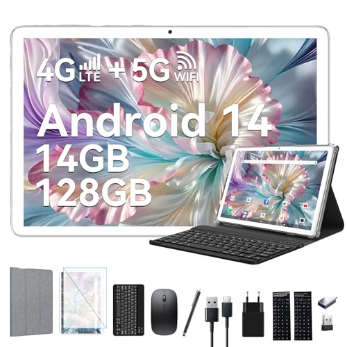 ZONKO Tablet Android 14 Tablets 10 Zoll, 4G LTE Tablette mit SIM Slots, 5G WiFi Tablet PC mit Tastatur Maus Stift | 14GB+128GB(1TB TF) |13MP+8MP| 8000 mAh|8-Core| Bluetooth 5.0| 1080FHD|GPS|GMS-Silver von ZONKO