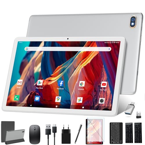 Tablet 10 Zoll 128GB ROM 1TB Erweiterbar- 5G Wifi Android PC mit 8-Core T610| 13MP+8MP Kamera| 7000mAh Akku- Tablet mit Tastatur Maus Hülle,1080P FHD Video Bluetooth5.0, OTG GMS Silber(2024 Neuest) von ZONKO