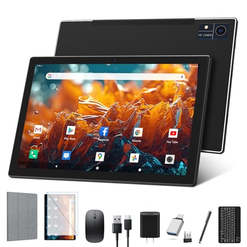 Tablet 10 Zoll 5G WiFi 16(8+8) GB RAM 128GB ROM 1TB TF,7000mAh,Octa-core 2.0GHz,3-in-1 Android Tablet mit Tastatur Stift und Maus Stift,1080P FHD Video,13MP Kamera,GMS|OTG|Bluetooth|FM|-Schwarz von ZONKO