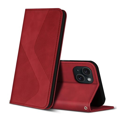 ZONNAVI Hülle für iPhone 15, PU Leder Handyhülle mit Kartenfächer und Standfunktion, Lederhülle Flip Wallet Case Schutzhülle für iPhone 15 (Rot) von ZONNAVI