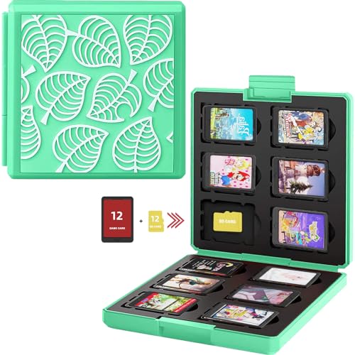 Spielkarten-Hülle für Nintendo Switch, tragbare und dünne Hartschalen-Box, schützende, stoßfeste Patronenhalter, Trage-Aufbewahrungsbox mit 12 Kartenfächern für Switch Lite NS NX (grünes Blatt) von ZONSUSE