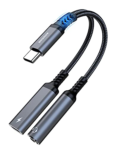 ZOOAUX USB C auf 3.5 mm Kopfhörer und Ladegerät, Adapter, 2-in-1 USB C auf AUX Audio Jack mit PD 60 W Schnelllade-Dongle Kabel für Stereo, kompatibel mit S20/S21 Note 20/10, Pixel 4/3 (grau) von ZOOAUX