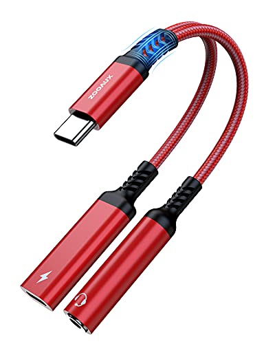 ZOOAUX USB C auf 3.5 mm Kopfhörer und Ladegerät-Adapter, 2 in 1 USB C auf Aux Audio-Buchse mit PD 60 W Schnelllade-Dongle-Kabel, Note 20/10, Pixel 4/3 XL (XL Rot) von ZOOAUX