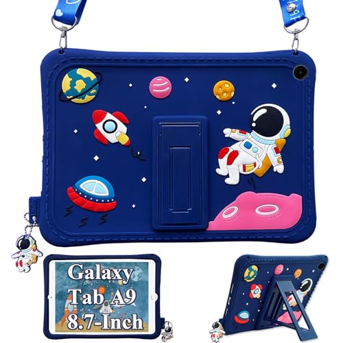ZOOMALL Kinder-Schutzhülle für Galaxy Tab A9 8,7 Zoll 2023 (SM-X110/X115/X117), stoßfest, Silikon, Cartoon-Design, niedliche Abdeckung mit Displayschutzfolie, Ständer, Schultergurt, Astronaut von ZOOMALL
