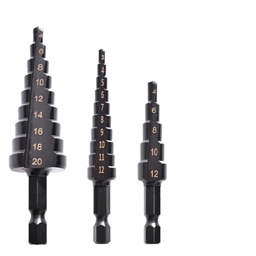 Bohrer-Set, 3-teilig, 3-12 mm, 4-12 mm und 4-20 mm, gerade Schlitz-Stufenbohrer mit Titanbeschichtung zum Schneiden von Holz- und Metalllöchern, Schwarz von ZOOPH