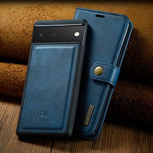 DG.MING Smartphone Hüllen, Schutzhülle für Google Pixel 6, aus echtem Leder, abnehmbare 2-in-1-Handyhülle, magnetische Hülle, Blau von ZORSOME