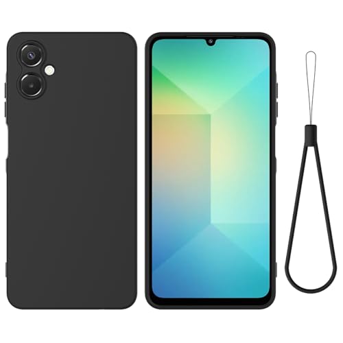 Kompatibel mit Samsung Galaxy A06 5G Handyhülle mit Handgelenkband, dünn, dünn, Flüssigsilikon, weiches Gummi-Gel, TPU, vollständiger Kameraschutz, reine Farbe, einfache Abdeckung, Schwarz von ZORSOME