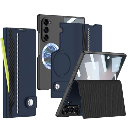 Kompatibel mit Samsung Galaxy Z Fold 6, abnehmbare Lederhülle, kabelloses Laden, Scharnier und Displayschutz, Leder-Ständer, Ganzkörper-Schutzhülle für Samsung Z Fold 6, Blau von ZORSOME