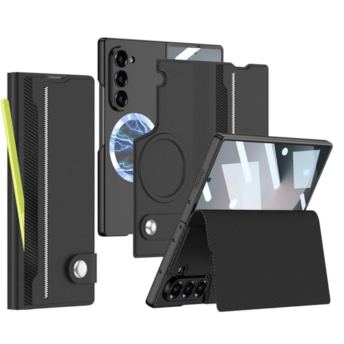 Kompatibel mit Samsung Galaxy Z Fold 6, abnehmbare Lederhülle, kabelloses Laden, Scharnier und Displayschutz, Leder-Ständer, Ganzkörper-Schutzhülle für Samsung Z Fold 6, Schwarz von ZORSOME