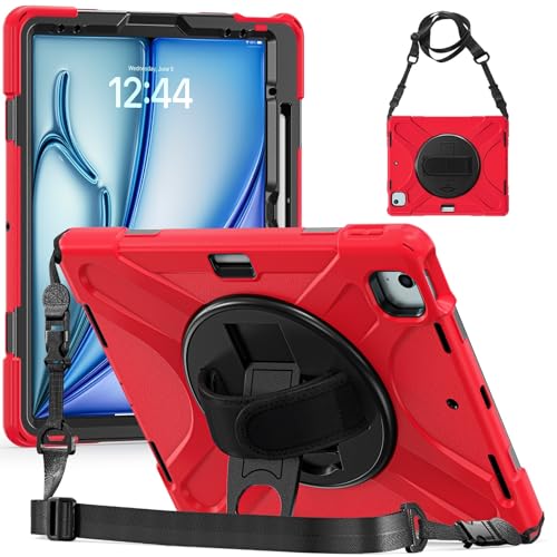 Kompatibel mit iPad Air 13 Zoll M3/M2 (2025/2024), stoßfeste Hülle, 3-in-1, bruchfeste Schale, 360 Grad drehbare Multifunktions-Griffhalterung, Rot von ZORSOME
