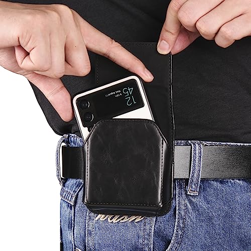 Leder Gürtelclip Phone Holster für Samsung Galaxy Z Flip 5/4/3 5G/Motorola RAZR 40, Handy Flip Case mit Magnetverschluss, Gürteltasche mit Metallclip (Schwarz) von ZORSOME