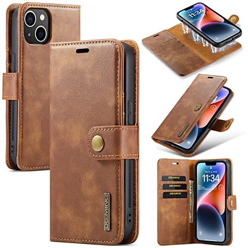 ZORSOME DG.MING Schutzhülle für iPhone 14, echtes Leder, abnehmbare 2-in-1-Spaltleder-Schutzhülle, magnetische Tasche, Braun von ZORSOME
