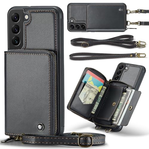 ZORSOME Schutzhülle für Samsung Galaxy S22, RFID-blockierender Reißverschluss, Crossbody-Tasche mit Kartenfächern für Galaxy S22, Ständer + Handschlaufe + Umhängeband, Schwarz von ZORSOME