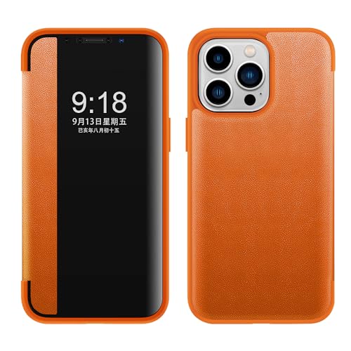 ZORSOME Schutzhülle für iPhone 15 Pro, Smart Clear View, ultradünn, Leder, Flip Schutzhülle für iPhone 15 Pro, Orange von ZORSOME
