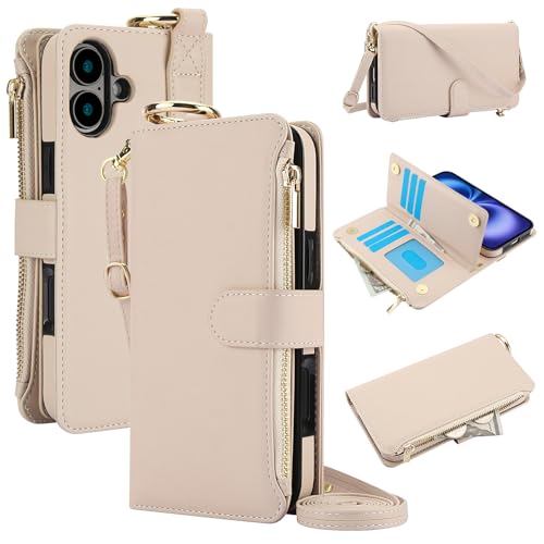 ZORSOME Schutzhülle für iPhone 16 Plus, Crossbody-Brieftaschen-Hülle, Flip-Lederring, Brieftaschen-Schutzhülle für iPhone 16 Plus mit Schultergurt, [RFID 6 Kartenhalter + 3 Geldbeutel] + [Wirst Band von ZORSOME