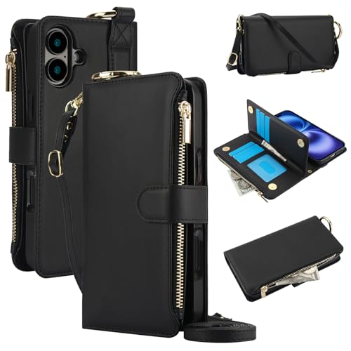 ZORSOME Schutzhülle für iPhone 16 Plus, Crossbody-Brieftaschen-Hülle, Flip-Lederring, Brieftaschen-Schutzhülle für iPhone 16 Plus mit Schultergurt, [RFID 6 Kartenhalter + 3 Geldbeutel] + [Wirst Band von ZORSOME