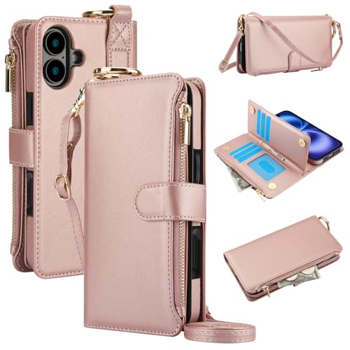 ZORSOME Schutzhülle für iPhone 16 Plus, Geldbörsenhülle, Flip-Lederring, mit Schultergurt, [RFID 6 Kartenhalter + 3 Geldbeutel] + [Wirst Band Grip Stand], Rosa von ZORSOME