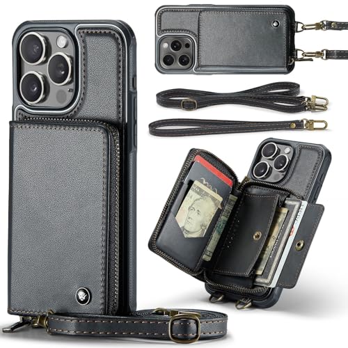 ZORSOME Schutzhülle für iPhone 16 Pro Max, RFID-blockierend, Reißverschluss, Crossbody-Tasche mit Kartenfächern, Ständer + Handschlaufe + Umhängeband, Schwarz von ZORSOME