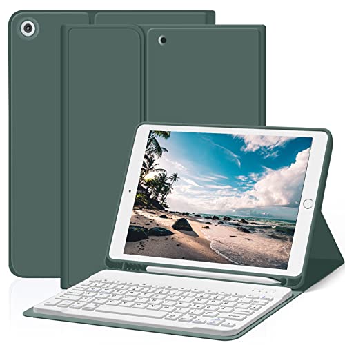 ZOYU Hülle mit Tastatur für iPad 9. Generation 2021/iPad 8. Generation 2020/iPad 7. Generation 2019, iPad 10,2 Hülle mit Tastatur, Bluetooth Tastatur Folio mit Stifthalter, QWERTZ Layout, Dunkelgrün von ZOYU