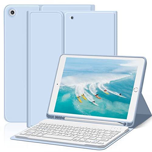 ZOYU Hülle mit Tastatur für iPad 9. Generation 2021/iPad 8. Generation 2020/iPad 7. Generation 2019, iPad 10,2 Hülle mit Tastatur, Bluetooth Tastatur Folio mit Stifthalter, QWERTZ Layout, Himmelblau von ZOYU