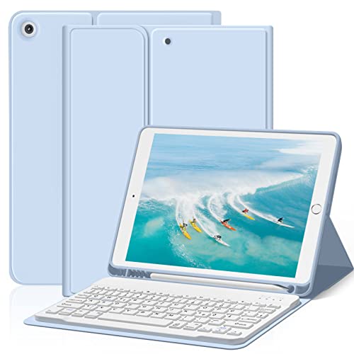 ZOYU Hülle mit Tastatur für iPad 9. 8. 7. Generation 2021 2020 2019, iPad 9/8/ 7 10,2 Zoll Hülle mit Tastatur, Bluetooth Keyboard Folio mit Stifthalter, QWERTZ Layout, Himmelblau von ZOYU