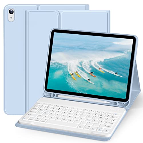 ZOYU Hülle mit Tastatur für iPad Air 5. Generation 2022/iPad Air 4. Generation 2020, iPad Air 10,9 Hülle mit Tastatur, Bluetooth Keyboard Folio mit Stifthalter, QWERTZ Layout, Blau von ZOYU
