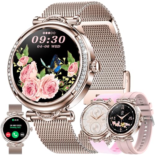 Smartwatch Damen mit Telefonfunktion, 1,27 Zoll Stahl Smart Watch mit Diamant|123 Sport|SpO2|Menstruationszyklus|Herzfrequenzmonitor|Schlafmonitor|Sportuhr Aktivitätstracker für Android iOS (Gold) von ZPIMY