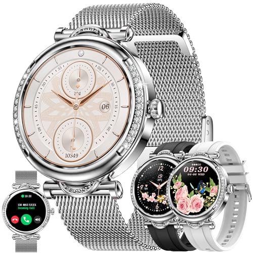 Smartwatch Damen mit Telefonfunktion, 1,27 Zoll Stahl Smart Watch mit Diamant|123 Sport|SpO2|Menstruationszyklus|Herzfrequenzmonitor|Schlafmonitor|Sportuhr Aktivitätstracker für Android iOS (Silber) von ZPIMY