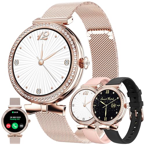 ZPIMY Smartwatch Damen mit Telefonfunktion, 1,2 Zoll Stahl Smart Watch mit Diamant|123 Sport|Menstruationszyklus|SpO2|Schlafmonitor|Sportuhr Aktivitätstracker für Android iOS|Geschenke Damen (Gold) von ZPIMY